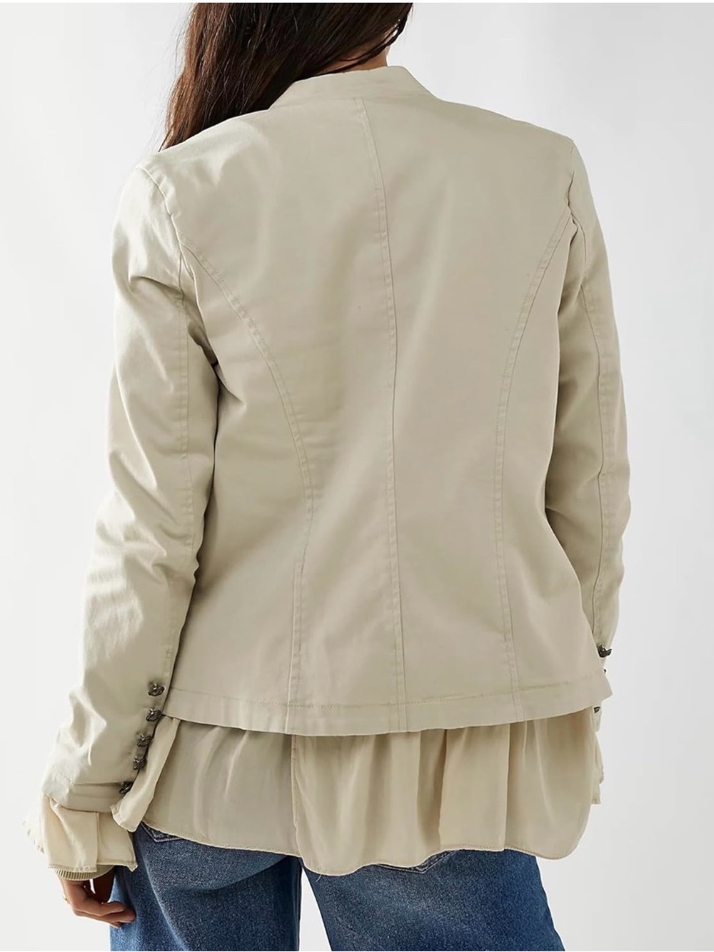Women's Beige Ruffle-Front Military-Style Jacket - Picture 5 of 6